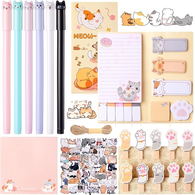 Crtin 69 Pcs Cute Sticky Notes Set,Cartoon Pen, Stickers, Paperclip, Sticky Memos Office & Party Favors (Cat)