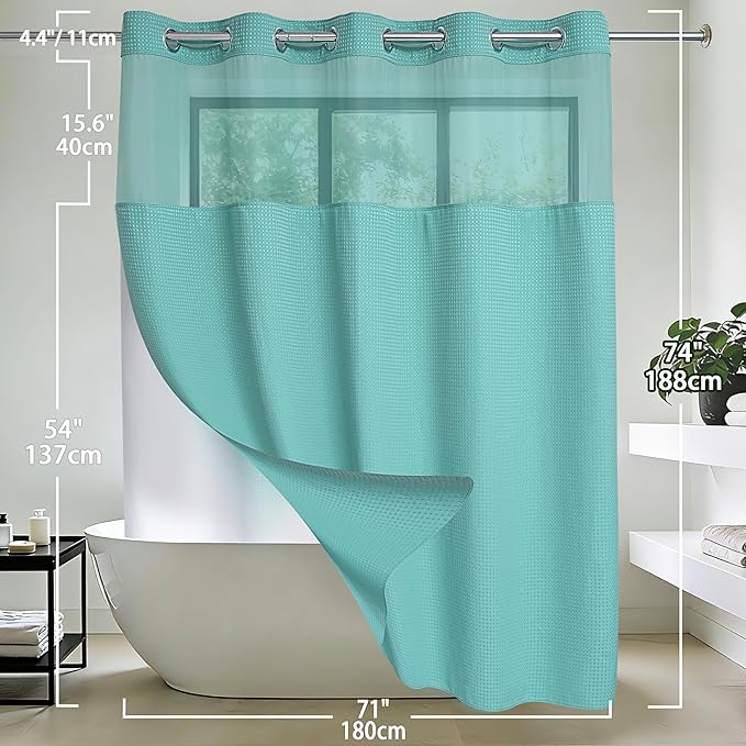 Conbo Mio No Hook Green Waffle Weave Shower Curtain with Snap in Liner Set, Hotel Luxury Shower Curtains for Bathroom with See Through Top Window, Waterproof, Washable 71W x 74H