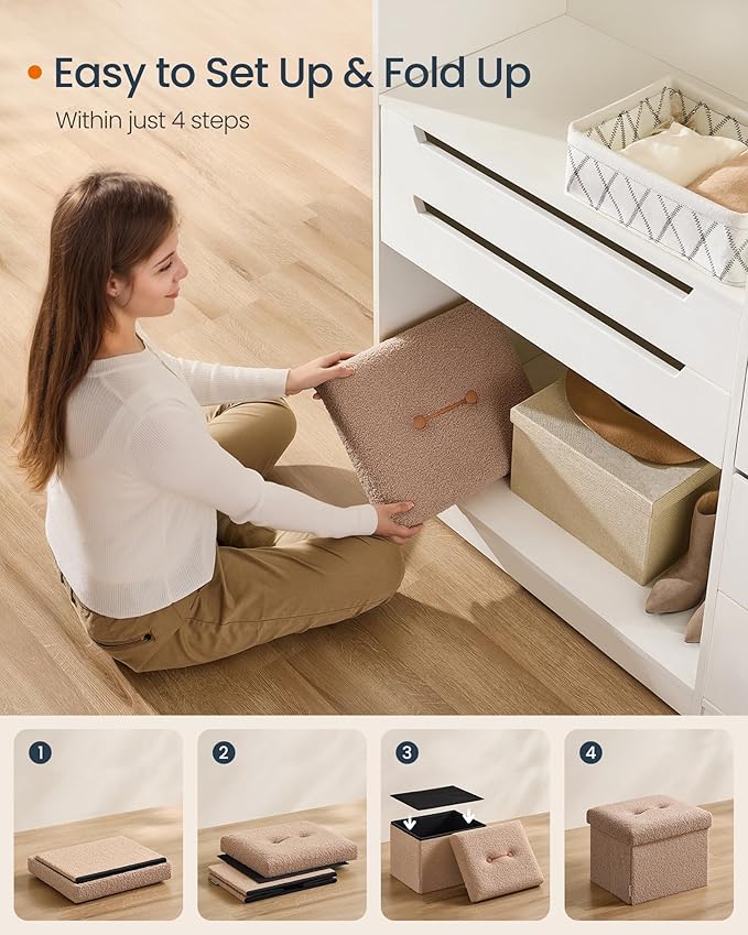 SONGMICS Small Folding Storage Ottoman, Foot Rest Stool, 12.2 x 16.1 x 12.2 Inches, Ottoman with Storage, Load up to 286 lb, for Living Room, Bedroom, Dorm, Camel Brown ULSF094K01