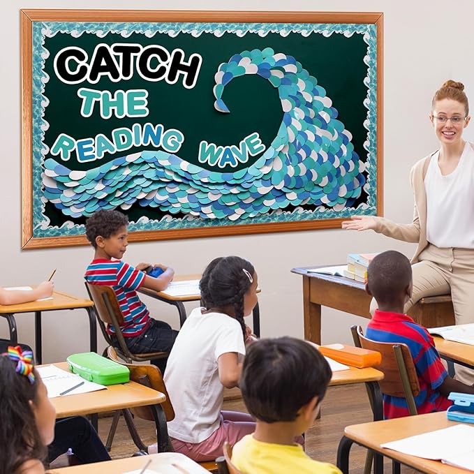 Summer Ocean Reading Bulletin Board Decorations Ocean Waves Theme Bulletin Board Set Catch The Reading Wave Half Heart Cutouts for Library School Classroom Chalkboard Wall Decor