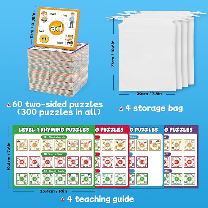 Torlam Phonics Puzzle Cards Level 1-4, Learn to Read Rhyming Games Phonics Flash Cards Spelling CVC Words, Digraphs Blends, Long Vowel, Silent E, Trigraphs Sight Words for Toddlers Kids Kindergarten