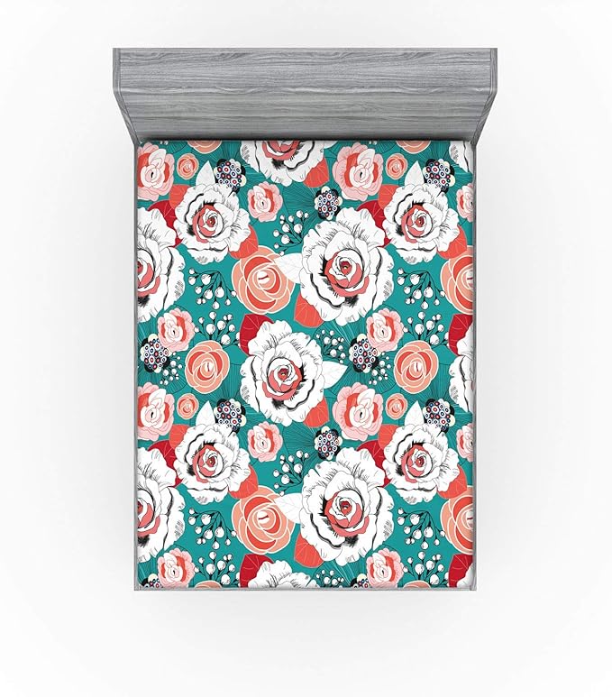 Ambesonne Floral Fitted Sheet, Flowers Arrangement Bouquet of Blossoms Colorful Vintage Garden Art, Bed Cover with All-Round Elastic Deep Pocket for Comfort, Queen Size, Dark Seafoam Multicolor