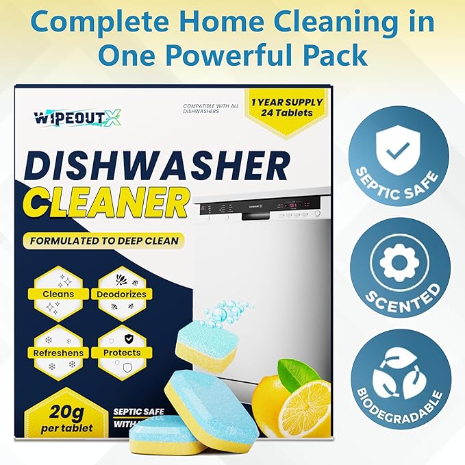 Dishwasher Cleaner – 24 Pack (1-Year Supply) Dishwasher Cleaner and Deodorizer Tablets, Odor and Smell Remover Septic Safe Natural Limescale, Calcium, Hard Water Marks & Grease Remover