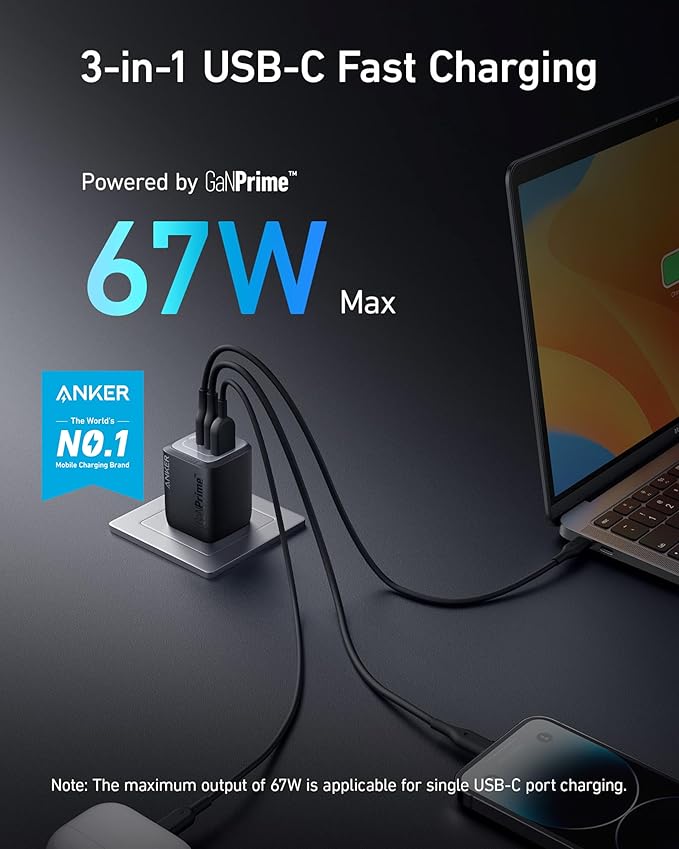 Anker Prime 67W USB C Charger, Anker GaN Wall Charger, 3-Port Compact Fast PPS Charger, For MacBook Pro/Air, Pixelbook, iPad Pro, iPhone 17/16/Pro, Galaxy S23/S22, Note20, Pixel, Apple Watch, and More