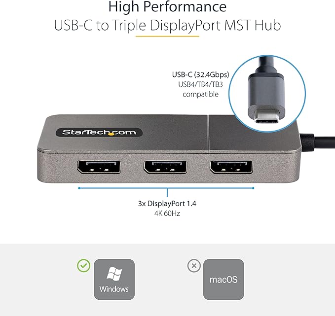 StarTech.com 3-Port USB-C Multi-Monitor Adapter, USB Type-C to 3x DisplayPort 1.4 MST Hub, Triple 4K 60Hz DP Laptop Display Extender / Splitter, HDR, Extra-Long Built-In Cable, Windows (MST14CD123DP)