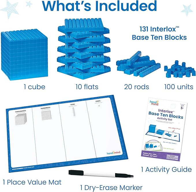 hand2mind Interlox Base Ten Blocks Activity Set, Place Value Manipulatives, Base 10 Blocks for Math, Counting Cubes, Math Manipulatives 1st Grade, Small Group Classroom Must Haves (133 Pieces)