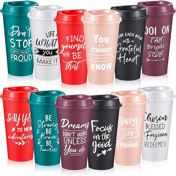 12 Pcs Inspirational Gifts for Employee Coworkers Staff Teammate, 16oz Reusable Plastic Coffee Cups with Positive Sayings, Bundle Gifts for Woman Man Coworker (Fresh Color,Inspirational)