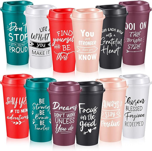 12 Pcs Inspirational Gifts for Employee Coworkers Staff Teammate, 16oz Reusable Plastic Coffee Cups with Positive Sayings, Bundle Gifts for Woman Man Coworker (Fresh Color,Inspirational)