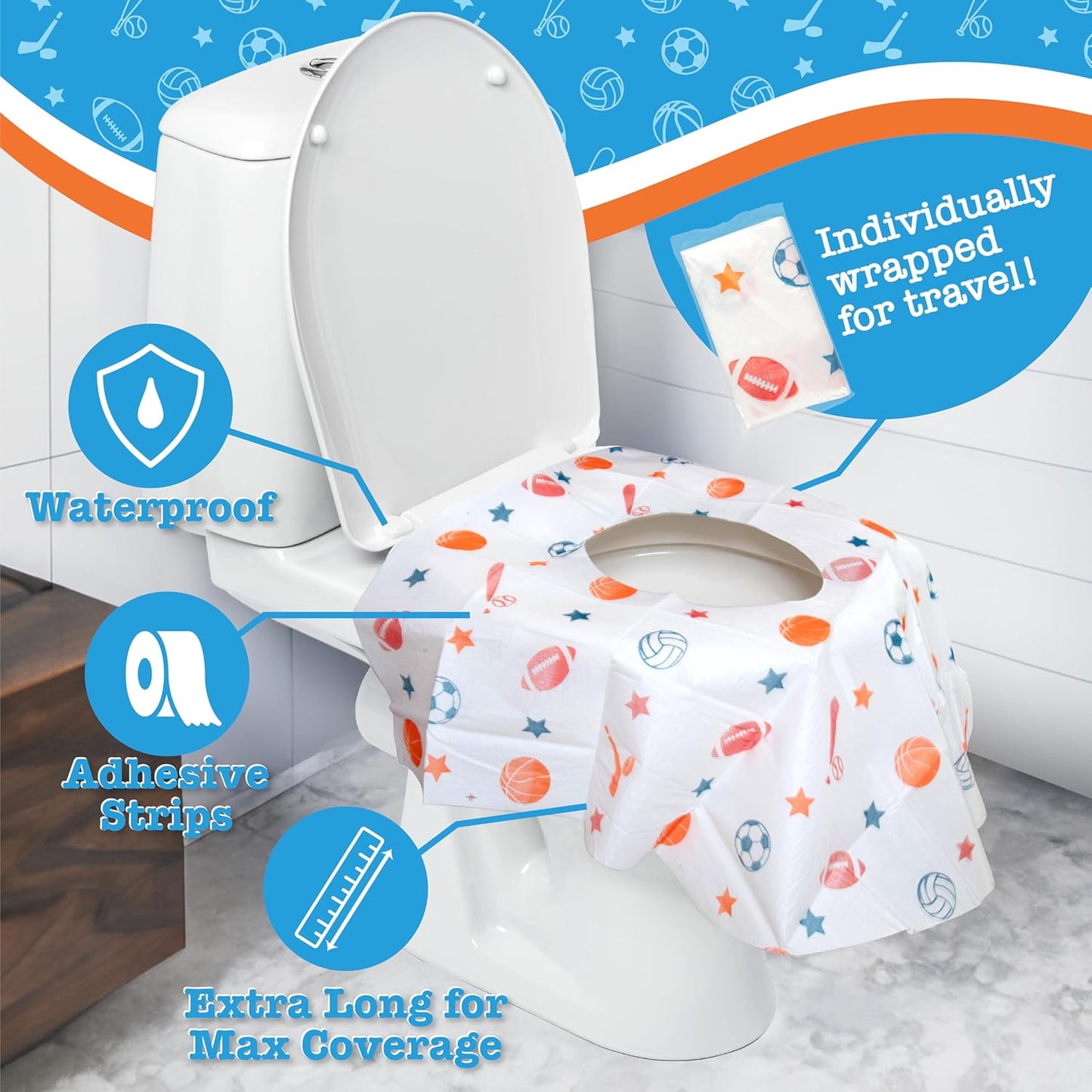 Toilet Seat Covers Disposable (12 Pack, Sports) - XL Waterproof Toilet Cover for Toddlers, Kids & Adults - Portable & Individually Wrapped for Travel, Potty Training & Public Restrooms
