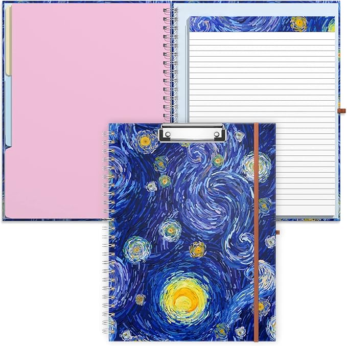 Rimilak Spiral Clipboard Folio with Refillable Lined Notepad, 14.5 x 9.8 In, Hardcover Cover with 5 Interior Pockets, Elastic Band and Pen Loop Series. Cute Stylish Clipfolio, Starry Sky