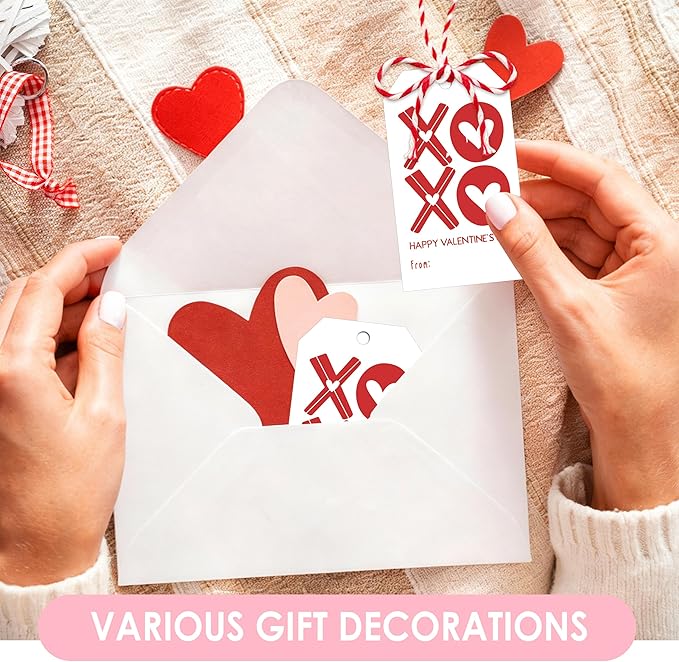 Happy Valentines Tags for Bags, 50Pcs Valentine Gift Label with String, Sweet Themed Party or Valentine' Day Thank You Gift Tags Great for Party Favors-XOXO