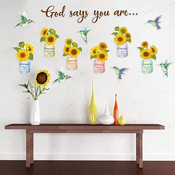 Outus 28 Pcs Sunflower Bulletin Board Set Spring Religious Bulletin Board Decorations Inspired Christian Flower Cutouts Hummingbird God Says You are Wall Art for School Classroom Teacher Kids