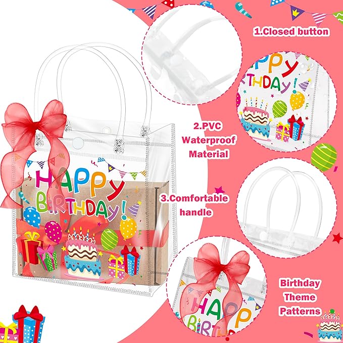H1vojoxo Birthday Party Gift Bags - 24PCS Happy Birthday Clear PVC Gift Bags with Handles 10 Yards Red DIY Bow Ribbon 7.9x7.9x3.1 Inches Reusable Clear PVC Birthdays Gift Wrap Tote Bag for Kids Adults