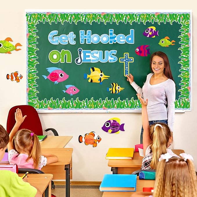 BeYumi 81Pcs Get Hooked on Jesus Christian Bulletin Board Set Under The Sea Tropical Fish Honeycomb Cutouts Name Tags Trim Borders Summer Back to School Faith Religious Classroom Sunday School Decor