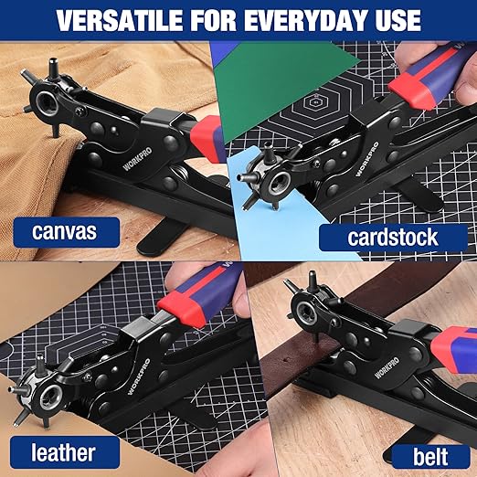 WORKPRO Desktop Leather Hole Punch Set, Rotary Belt Hole Puncher, 6 Punch Sizes, Heavy Duty Leather Hole Punch Tool for Belts, Dog Collars, Watch Band, Saddles, Shoes, Home DIY