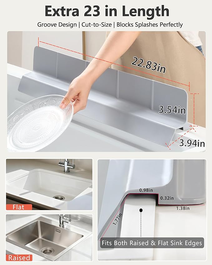 Kitchen Sink Splash Guard 23" Self-Draining Silicone Water Guard with High Splash Wall & Strong Suction Cups for Faucet, Countertop & Sink Edge, Keeps Sinks Dry, Dishwasher Safe, Gray