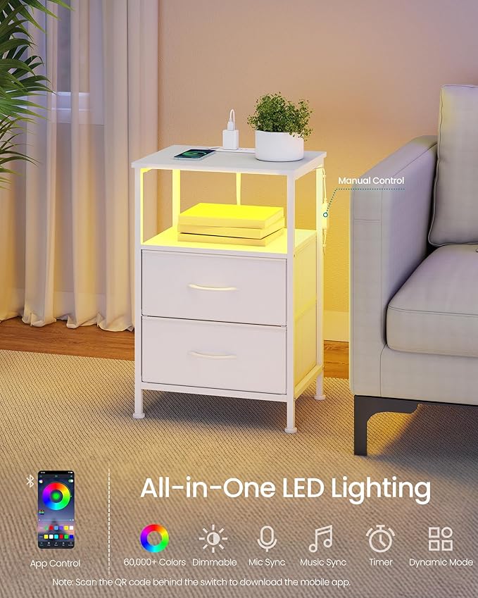 SONGMICS BELLAH Collection - Nightstand with Charging Station and App-Controlled Adjustable LED Lights, Bed Side Table, 2 Drawer and 1 Open Shelf, Bedroom, Cloud White and Snow White ULGS302WH01S