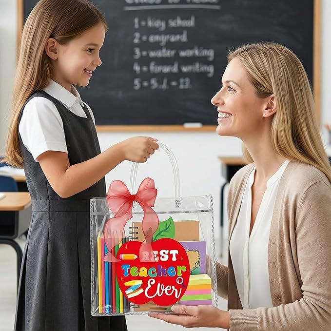 H1vojoxo Teacher Appreciation Gift Bags - 24PCS Teacher Gift Bags Bulk with Red DIY Ribbon 7.87x3.2x7.87Inch Teachers Clear PVC Gifts Bag with Handle Reusable PVC Thank You Gifts Wrap Bag for Teachers