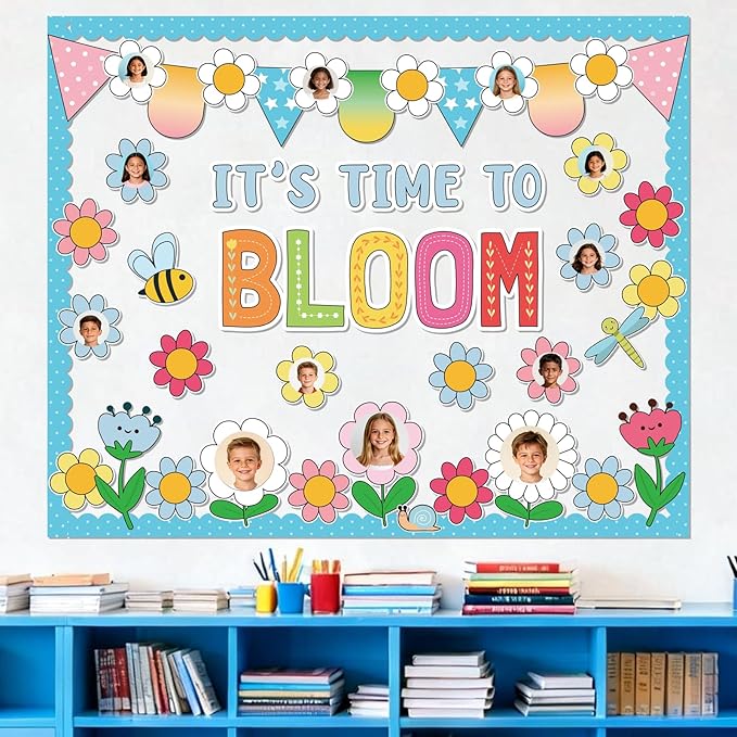 Spring Floral Bulletin Board Decorations for Classroom -It's Time To Bloom Bulletin Board Set Daisy Bee Dragonfly Cutouts DIY Flower Photo Crafts for Summer Spring School Home Wall Door Decor Supplies