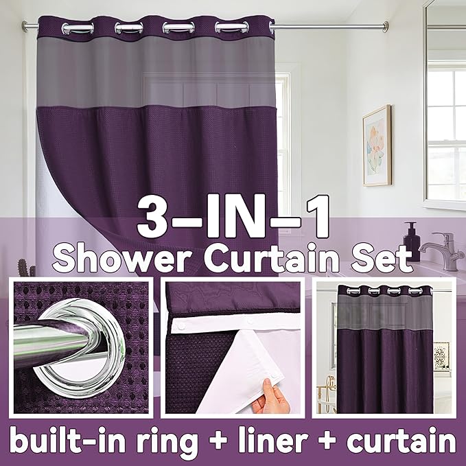 Conbo Mio Extra Long No Hook Waffle Weave Shower Curtain with Snap in Liner Set, Hotel Luxury Purple Shower Curtains for Bathroom with See Through Top Window, Waterproof, Washable 71W x 84H