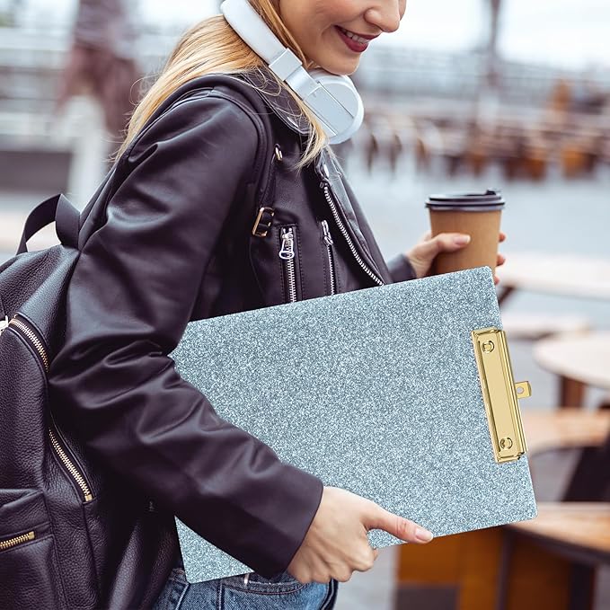 Piasoenc Acrylic Clipboards, Fashion Glitter Clip Board with Low Profile Gold Clip, Designed for Classroom School and Office Use, A4 Letter Size 9 x 12.5 in,Ice Blue