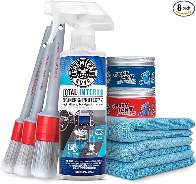 Chemical Guys Car Cleaning Kit Interior 8-Piece - Total Interior Cleaner, Sticky Icky Green Apple & Strawberry Detailing Gel, 3 Detailing Brushes, 3 Towels, Safe for Cars, Trucks, SUVs & More
