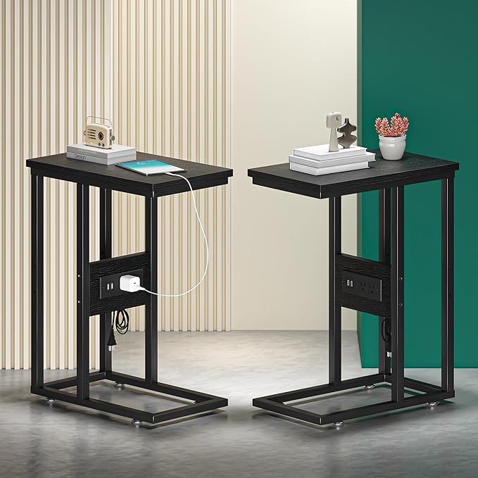 VECELO C Shaped End Table with Charging Station & Power Outlets, Quick Access Side Table for Sofa, C Bedside for Living Room Bedroom 2 Set,Black