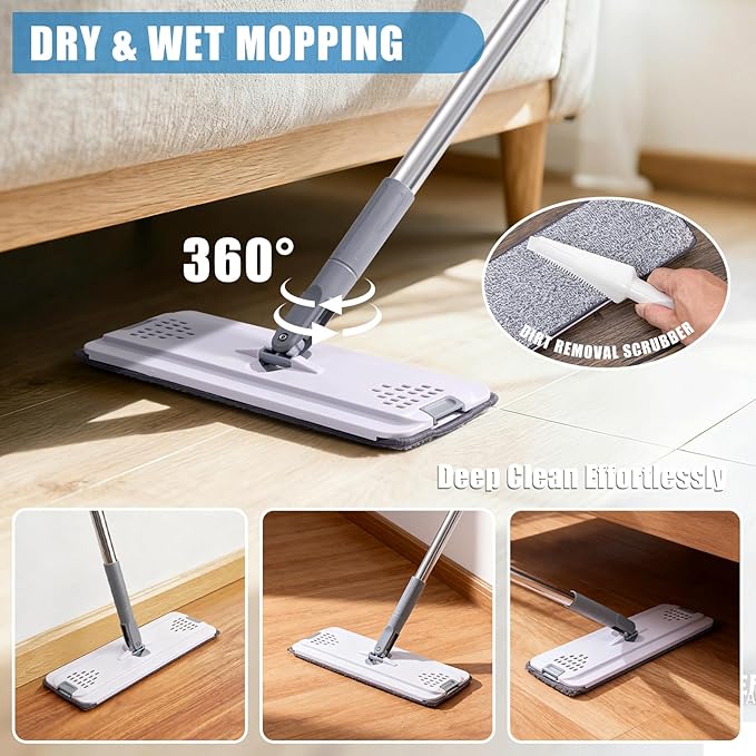 Mops for Floor Cleaning with 57" Long Handle, Scrub Brush, Baseboard Cleaner Tool with 84" Handle, 2 Reusable Pads, Wet and Dust Mopping for Hardwood, Laminate, Tile Floor, Skirting Board, 19Pcs Gray