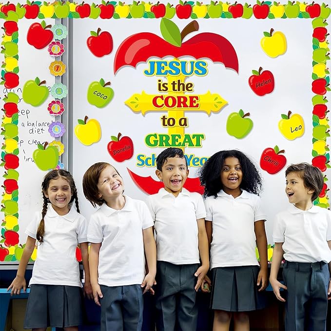 BeYumi 77Pcs Jesus is the Core to a Great School Year Christian Bulletin Board Set Cross Apple Name Tags Cutout Border Trim Back to School Faith Religious Classroom Sunday School Chalkboard Wall Decor