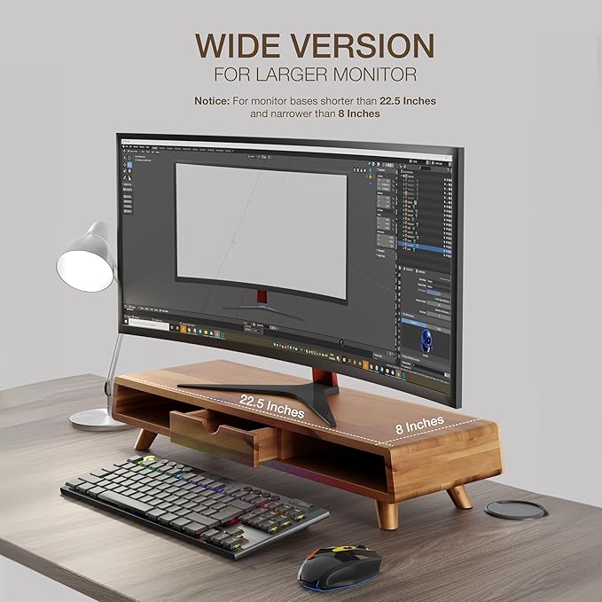 TINAMO Acacia Wood Monitor Stand with Drawer - Wooden Monitor Riser for Desk - Computer Monitor Stand for Desk - Multi-Purpose Desktop Storage Stand for Computer; Laptop; Printer; TV - 24.4 " x 8" x 5" (Patented)
