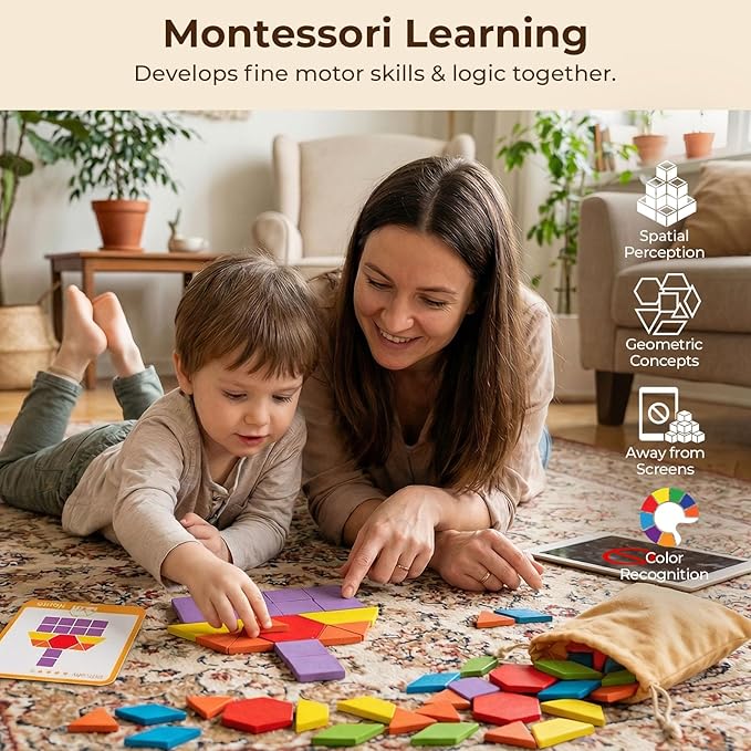 LovesTown 209 PCS Shapes Wooden Pattern Blocks for Kids, Geometric with Activity Cards and Storage Bag, Educational Tangram Puzzles,Great Learning Gift from Parents or Teachers