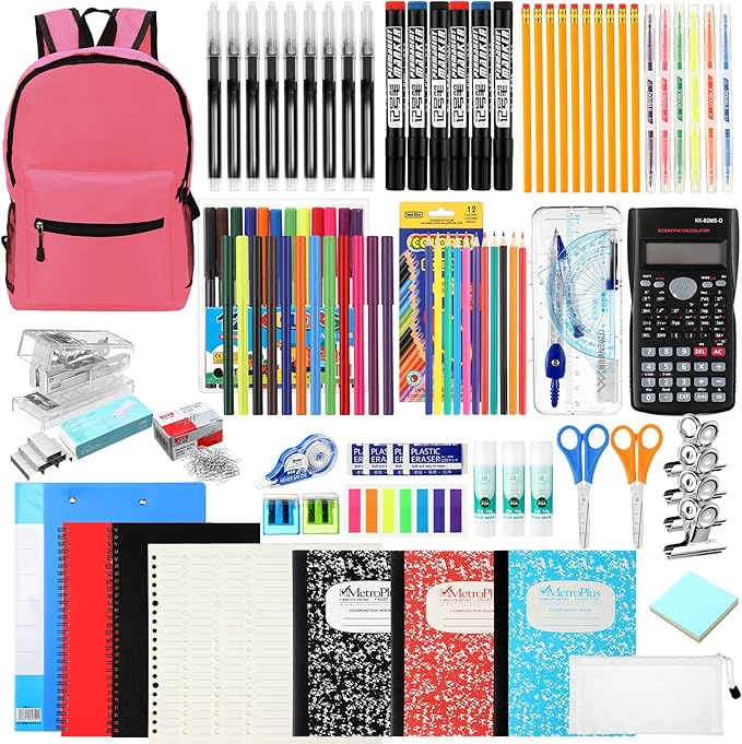 81 Pcs School Supply Kit with Backpack Back to School Supplies Bundle Bulk School Essentials for Elementary Middle High School Students Includes Folders Notebooks Pencils and More(Pink)