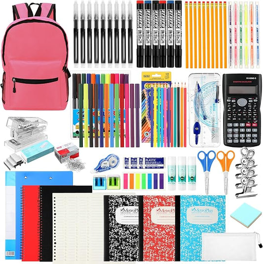 81 Pcs School Supply Kit with Backpack Back to School Supplies Bundle Bulk School Essentials for Elementary Middle High School Students Includes Folders Notebooks Pencils and More(Pink)