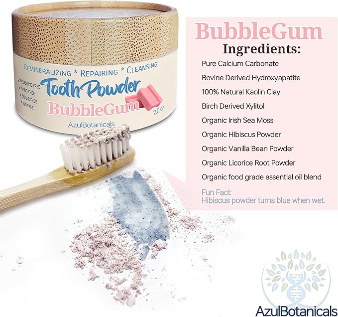 Remineralizing & Cleansing Tooth Powder, Bubblegum. Fluoride Free, SLS Free, Nano Free for Organic Oral Wellness (2 Ounces)
