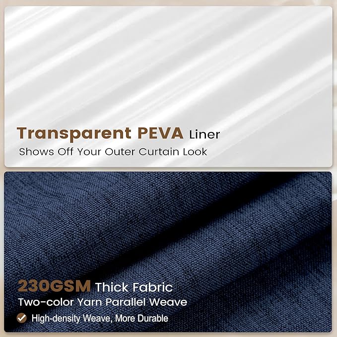 BTTN 3 in 1 Shower Curtain Set, Navy Blue Linen Textured Fabric Shower Curtain and Clear Liner Set with Plastic Hook, Modern Hotel Luxury Weighted Waterproof Shower Curtain for Bathroom, Blue, 72x72