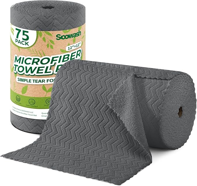 Microfiber Cleaning Cloths Roll, 75 Pack Tear Away Microfiber Towels Roll, 12" x 12" Lint Free Rags, Reusable Cleaning Cloths,Washable,Scratch Free,Ultra Absorbent Dish Rags(Dark Grey Ripple)