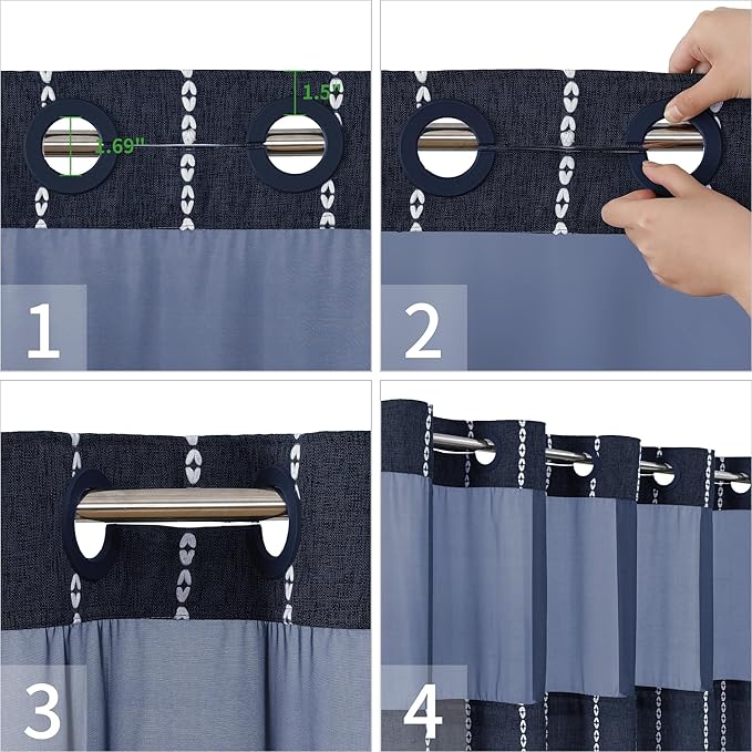 No Hook Boho Farmhouse Shower Curtain with Snap-in Liner Set,Linen Rustic Heavy Duty Striped Fabric Shower Curtain with Tassel,Hotel Style Cloth Shower Curtains for Bathroom,Navy Blue,71x74