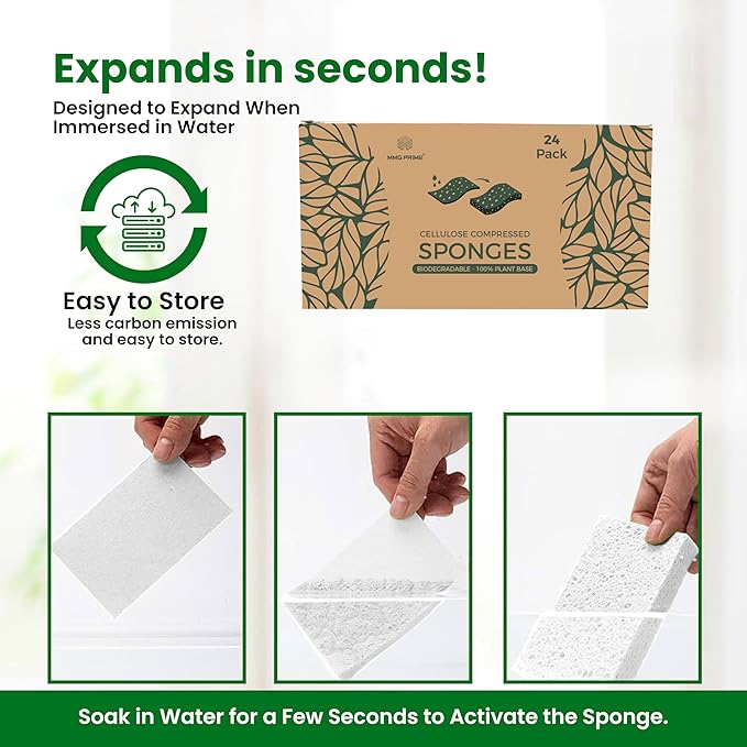 Cellulose Sponges – 24-Pack White Compressed Natural for Kitchen – Plant-Based, Biodegradable, Non-Scratch, Quick-Dry, Super-Absorbent for Dishes & Surfaces (24, White)