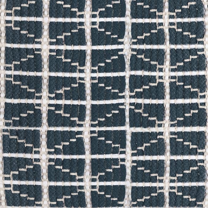 SIMPLIHOME Noreen Boho Square Pouf in Dark Blue and White Handloom Woven Pattern for the Living Room, Bedroom and Kids Room
