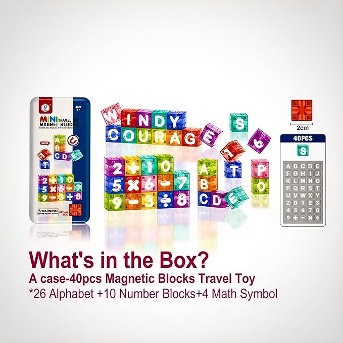 Magnetic Alphabet Blocks 40pcs - Educational STEM Learning Toys for Kids 3-8 | Portable Travel Letter Number Math Kit | Montessori Preschool Gifts Boys Girls