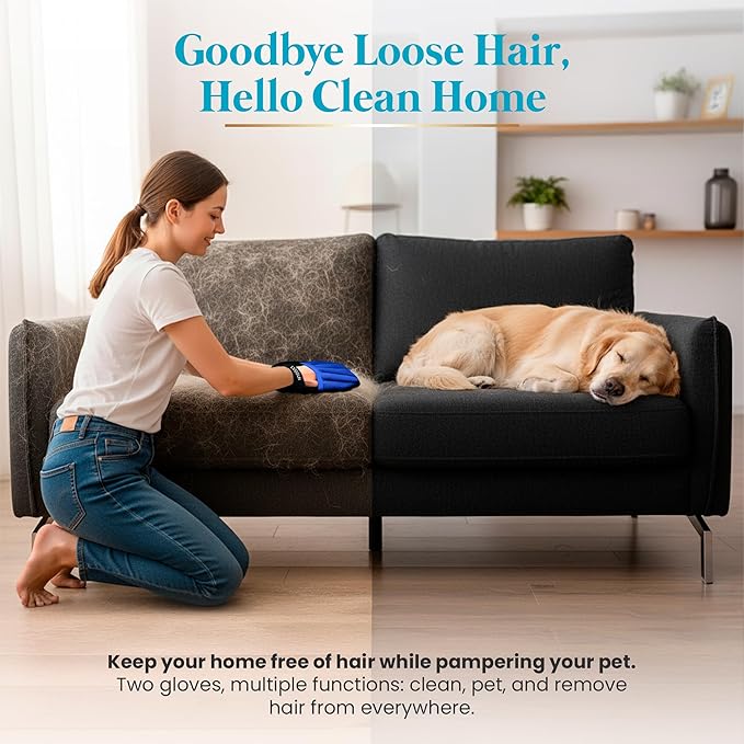 3-in-1-Pet Hair Remover Gloves for Cats & Dogs, Grooming & Deshedding Mitt Set – 2 Gloves + Extra Pad, Reusable Fur Removal Tool for Shedding, Sofa, Clothes, Carpet & Car Interior