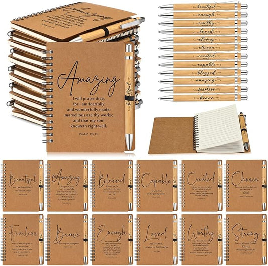 Kosiz 60 Sets Christian Gifts Bulk Inspirational Bible Verse Spiral Notebook and Religious Bamboo Ballpoint Pen Journal with Scripture for Easter Church Member First Communion Teacher Holy Week (Brown)