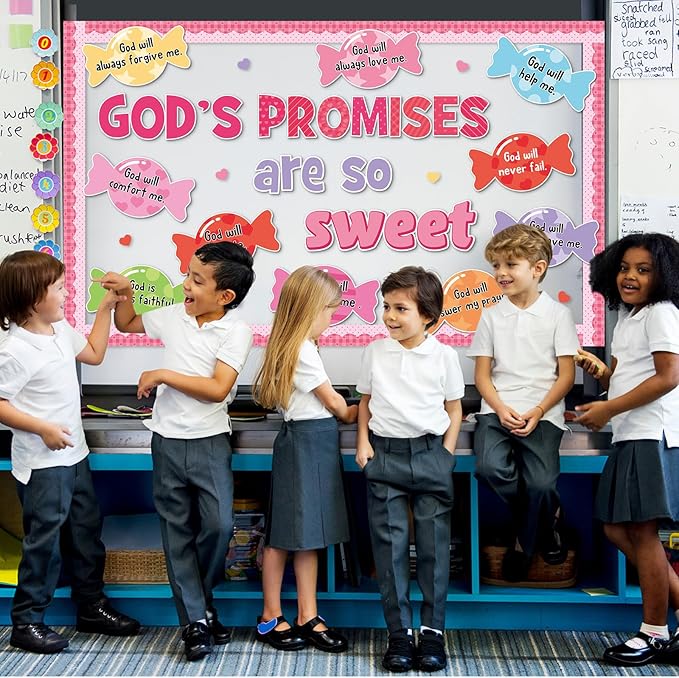 Valentine's Day Sweet Candy Bulletin Board Set Christian Classroom Decorations Valentines Religious God’s Promises Candy Paper Cutouts for Sunday School Church Office Home Chalkboard Wall Door Decor