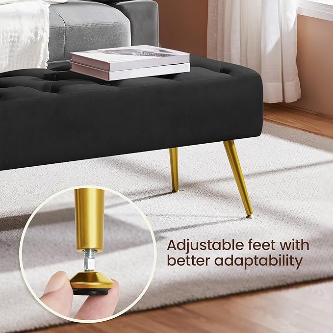 Yaheetech 45" Black Ottomans, Velvet End of Bed Bench, Ottoman Foot Rest with Gold Legs for Living Room, Bedroom, Entryway, Black