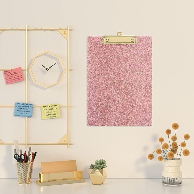 Piasoenc Acrylic Clipboards, Fashion Glitter Clip Board with Low Profile Gold Clip, Designed for Classroom School and Office Use, A4 Letter Size 9 x 12.5 in,Pink