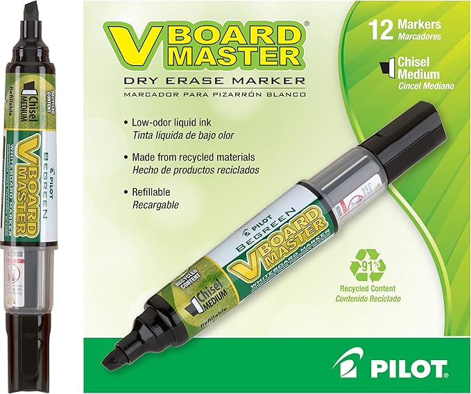 PILOT V Board Master BeGreen Refillable White Board Markers, Chisel Tip, Black Ink, 12 Count
