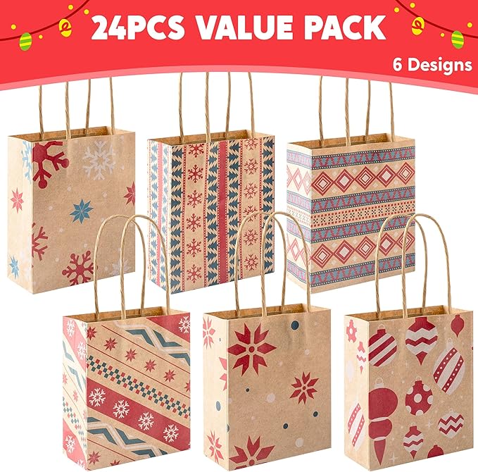 JOYIN 24 PCS Christmas Kraft Gift Bags with Handles, Reusable Xmas Paper Goody Wrap Craft Bags for Holiday Presents, Giant Gifts Decorations, Party Favors and Decor Supplies (5.25 x 4.25 x 2)