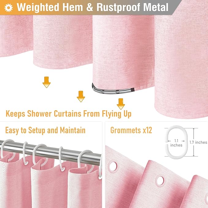 BTTN Extra Long Shower Curtain - 84 Inch Long Linen Textured Heavy Duty Fabric Shower Curtain Set with 12 Plastic Hooks, Hotel Spa Simple Polyester Bath Curtains for Bathroom, 72x 84,Pink