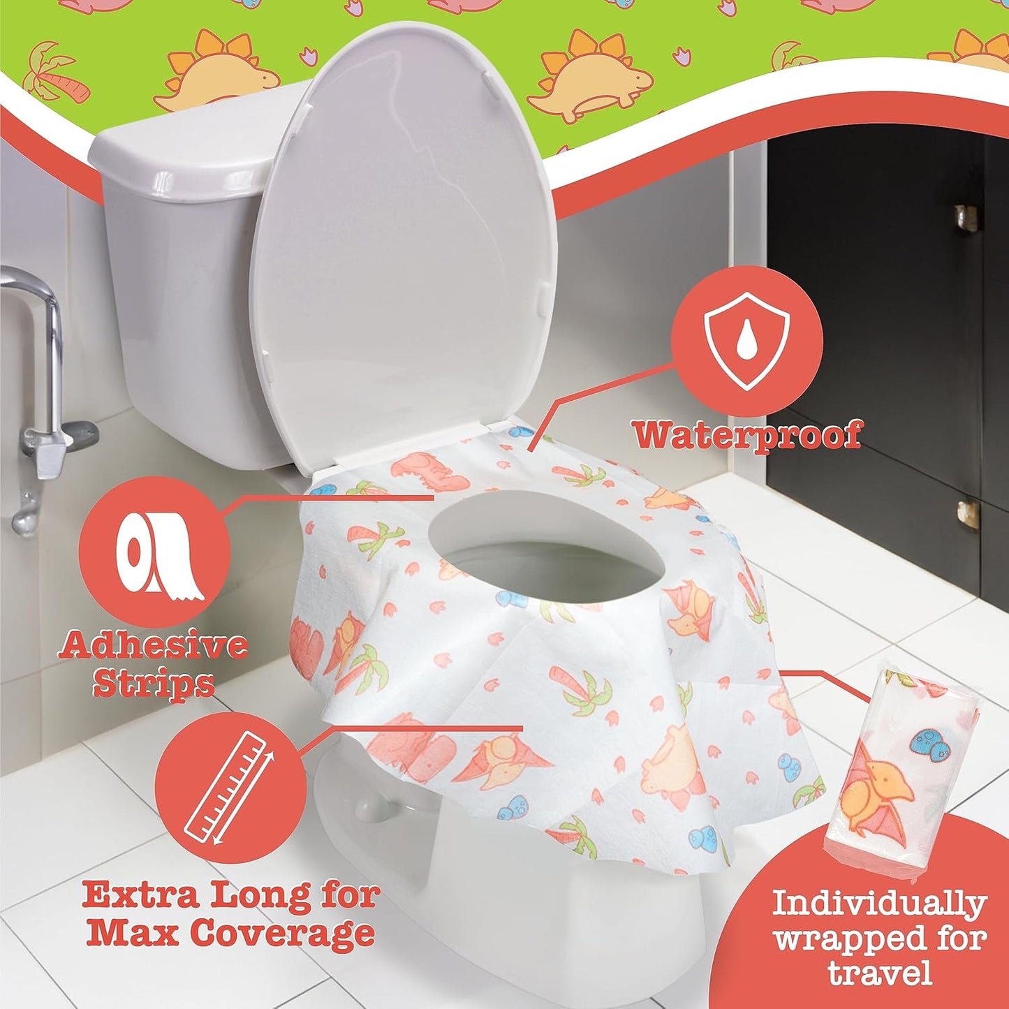 Toilet Seat Covers Disposable (40 pk, Dinosaurs) - XL Waterproof Toilet Cover for Toddlers, Kids & Adults - Portable & Individually Wrapped for Travel, Potty Training, Public Restrooms
