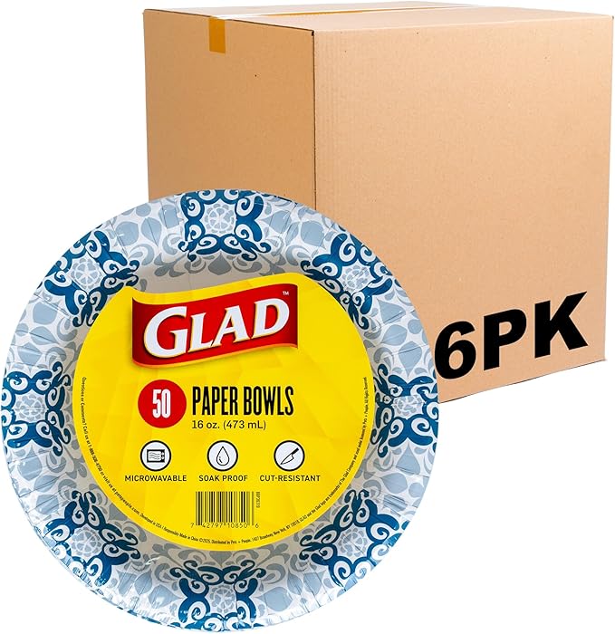 Glad Round Disposable Paper Bowls, Green Victorian Design - Heavy Duty, Soak Proof, Cut-Resistant, Microwavable Bowl for All Foods & Daily Use, 16 Oz, 50 Count - 6 Pack